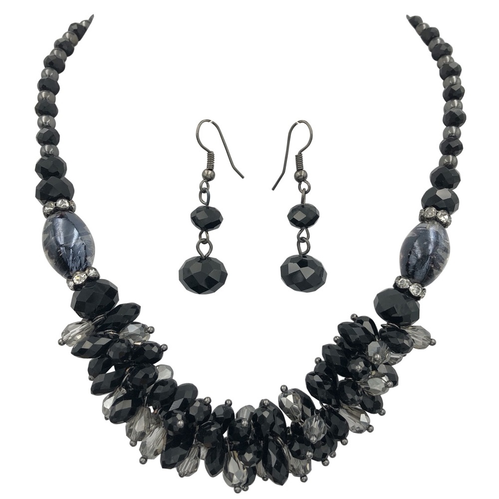 Black Glass Bead Cluster Necklace Earrings Set